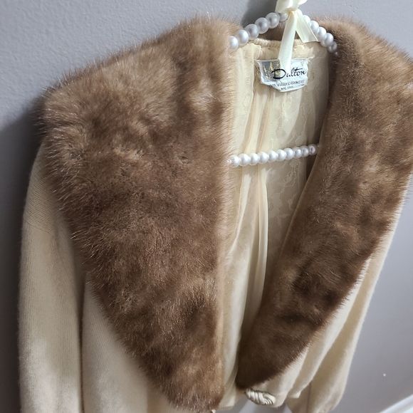 vintage 1950s Dalton cream cashmere cardigan real mink fur collar Lace Lining - Picture 5 of 16